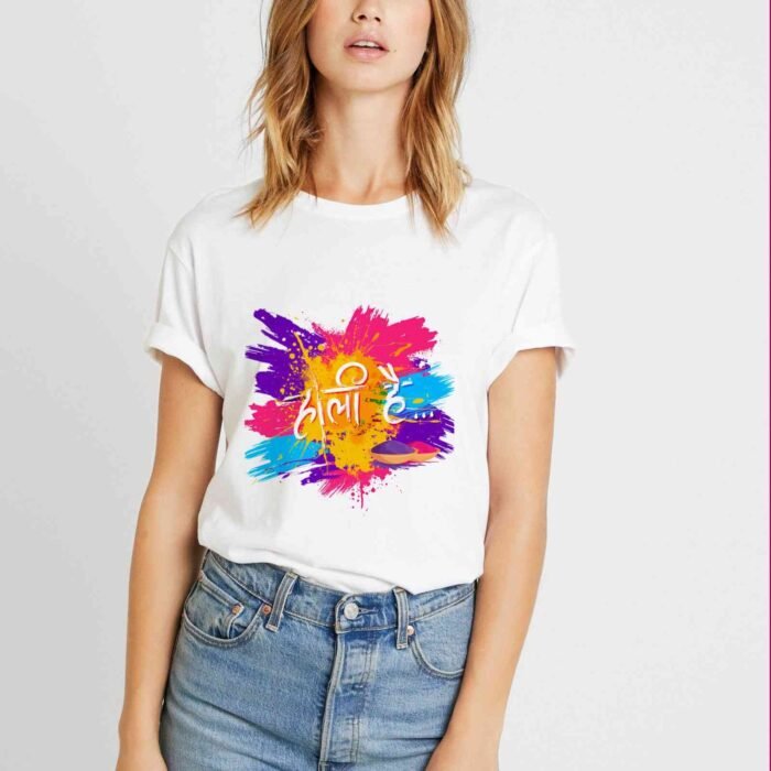 holi hai hindi print - holi t-shirt for women